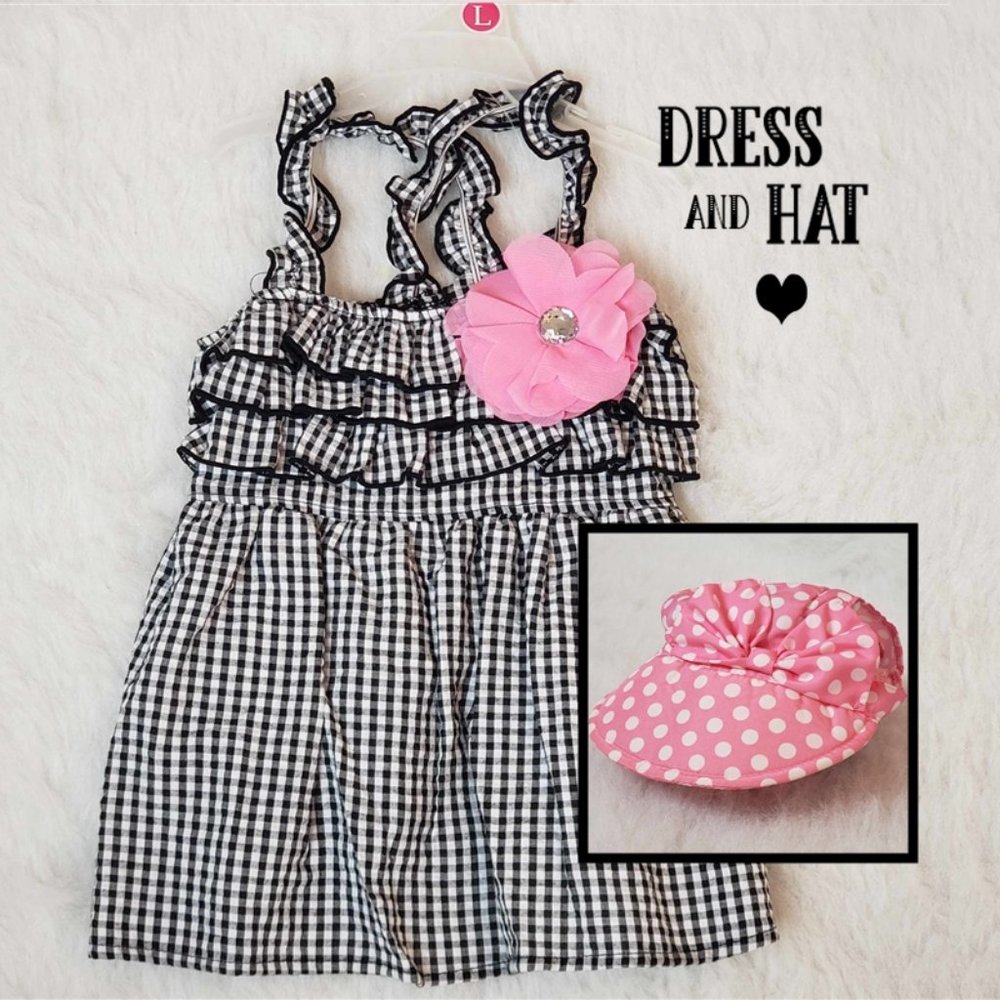 Smoochie Pooch B&W Gingham Ruffled Dog Dress Large & Pink White Polkadot Hat M/L